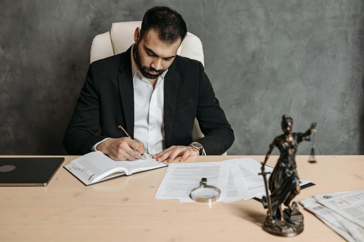 A Man in Black Suit Writing on Notebook